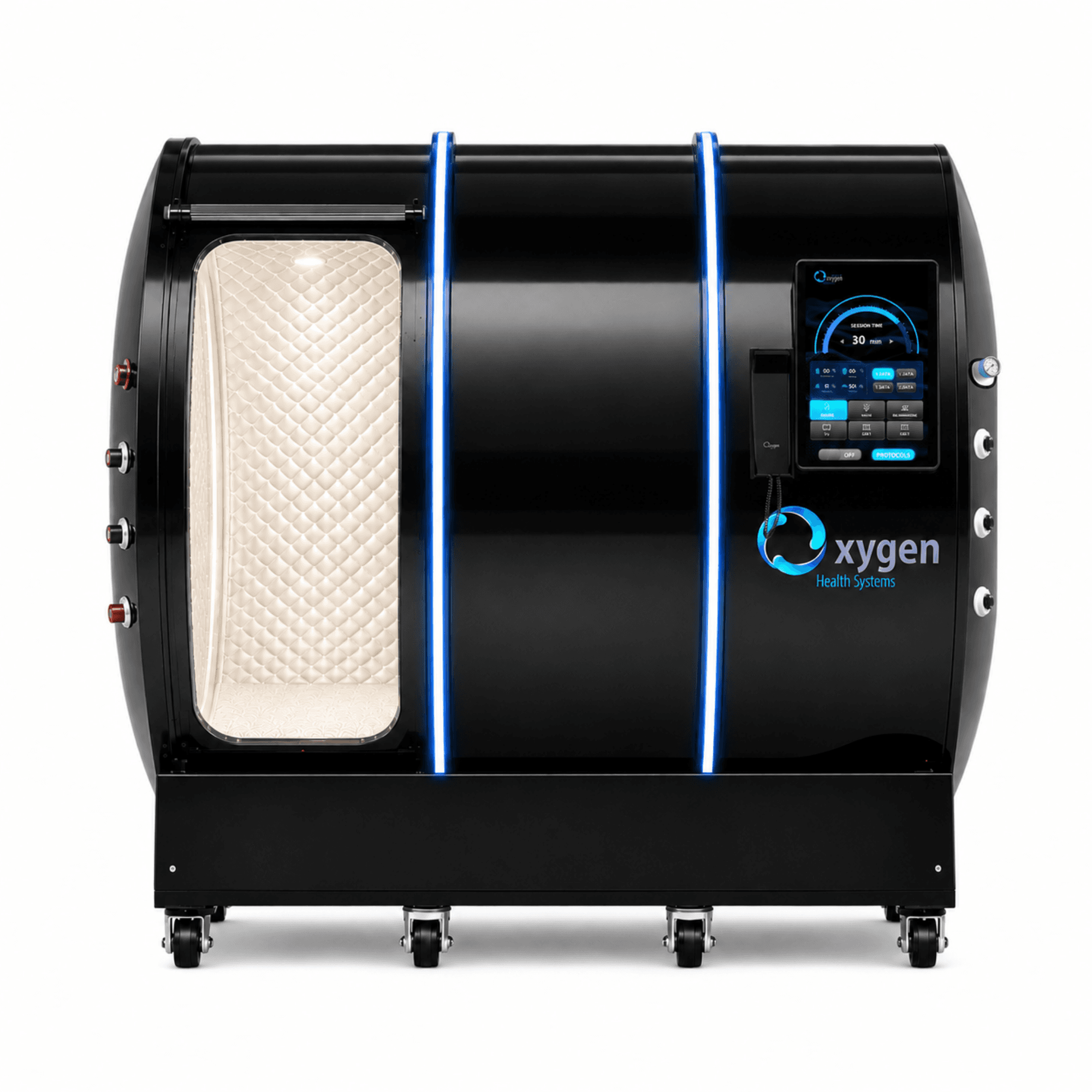 Vital Sphere 3P hyperbaric chamber with open door, showing the quilted interior seating