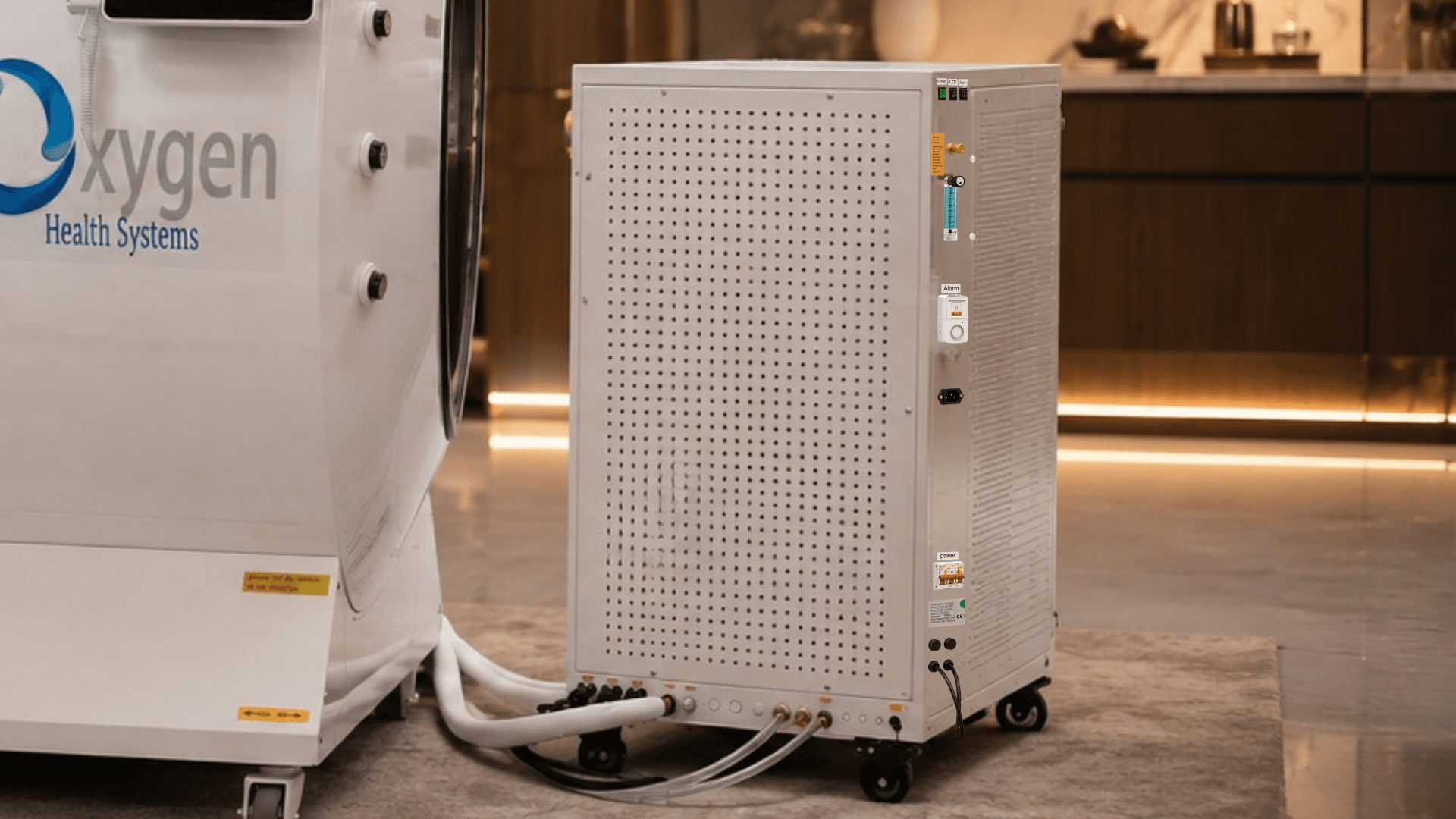 Dual all-in-one compressor and oxygen concentration equipment beside the chamber