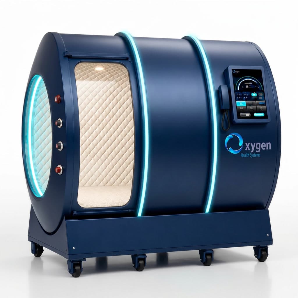 Vital Sphere 3P satin navy blue hard-shell chamber with cyan illuminated rings, quilted interior, and touchscreen