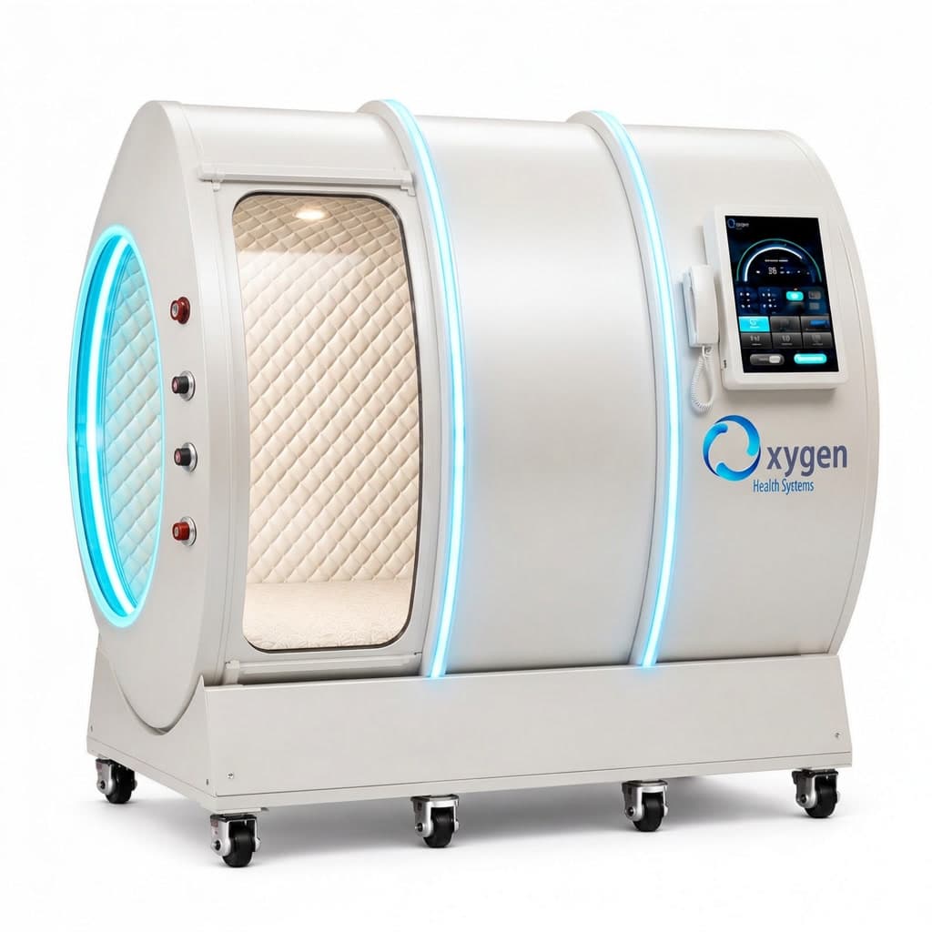 Vital Sphere 3P satin pearl white hard-shell chamber with cyan illuminated rings, quilted interior, and touchscreen