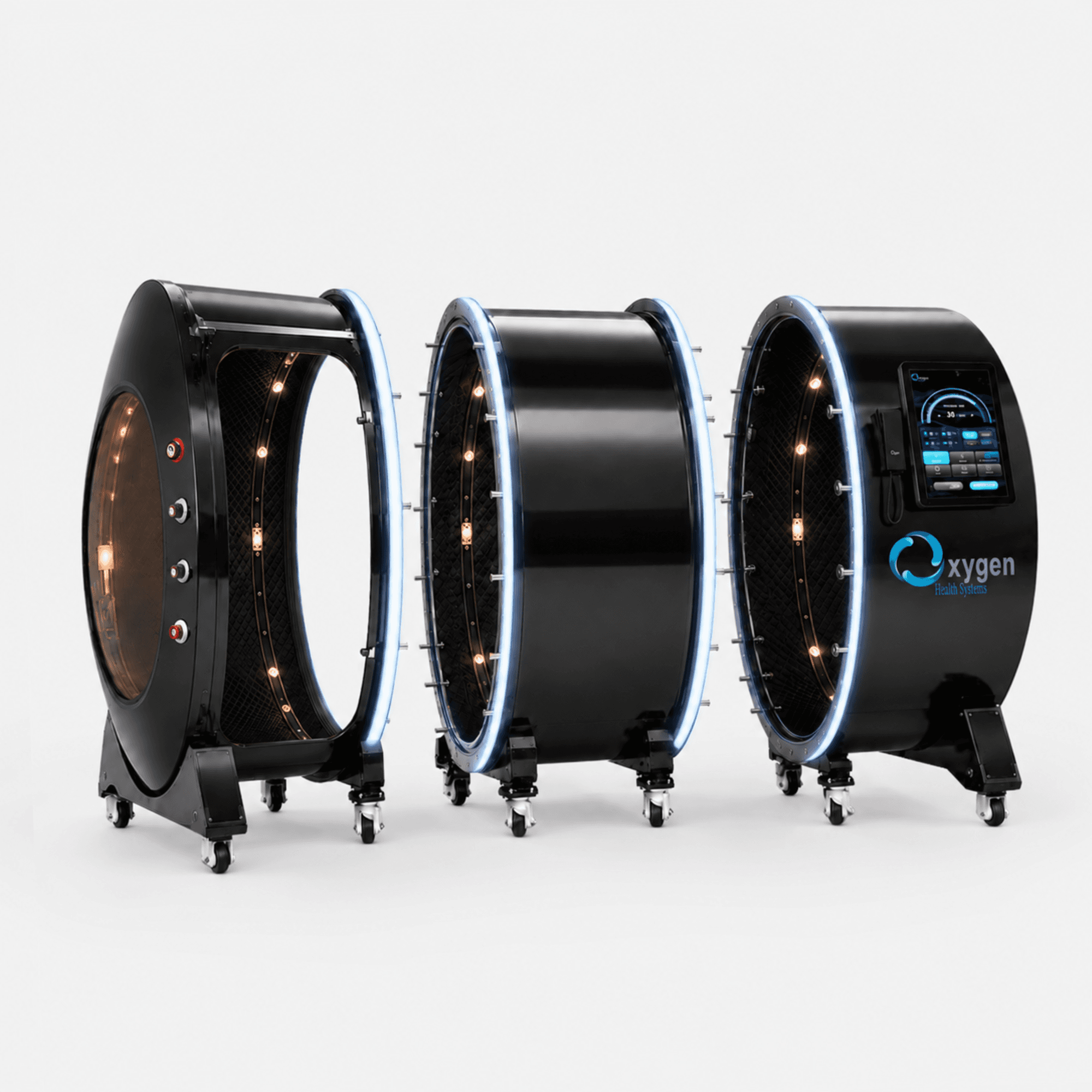 Vital Sphere 3P chamber shown in three separated sections on locking casters, illustrating the modular transport design