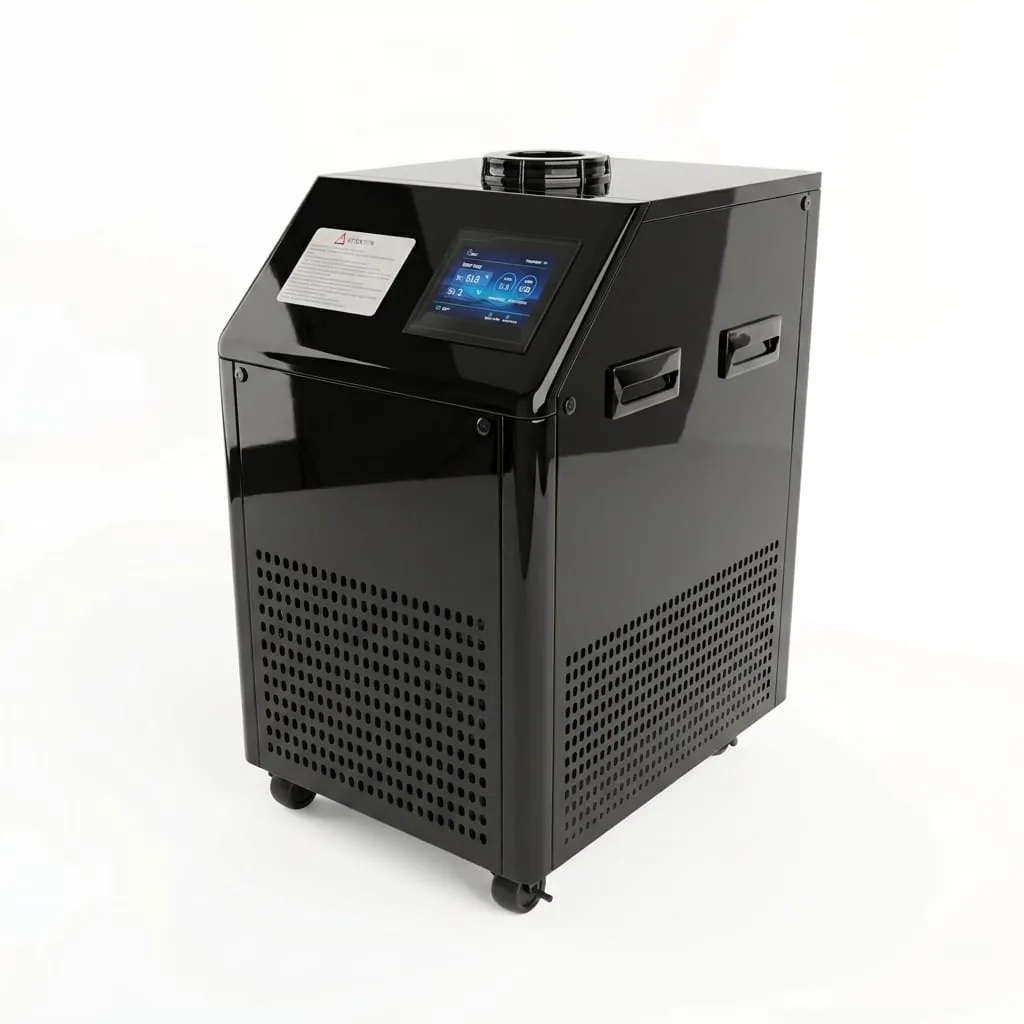 Air conditioning unit — glossy black portable cabinet on casters with touchscreen control panel, side handles, and perforated ventilation grilles
