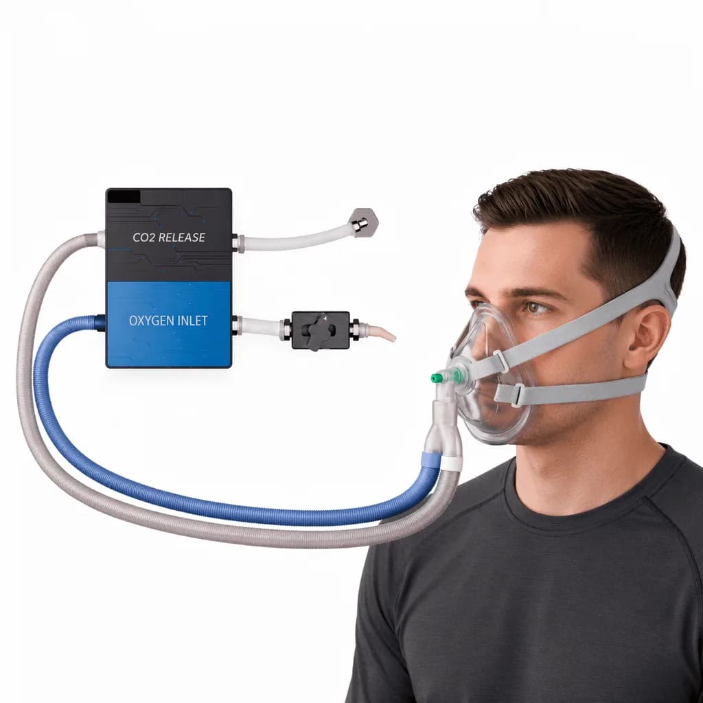 Lightweight high-flow BIBS oxygen delivery system — a user wearing a facemask connected to oxygen inlet and O2 release modules with dual-compatible tubing