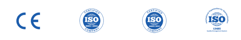Certification marks — CE, ISO 9001:2015, ISO 14001:2015, and ISO 13485 Quality Management System