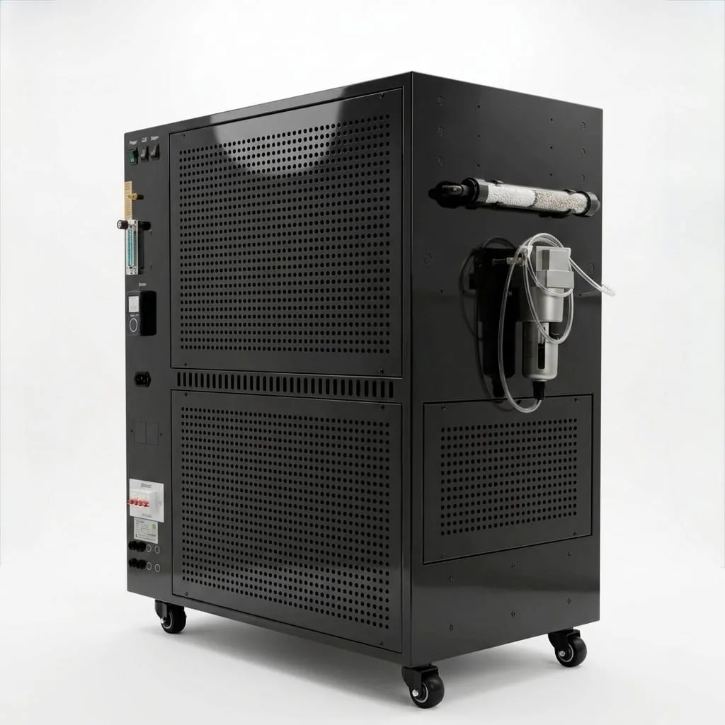 Dual all-in-one smart controller unit — glossy black floor cabinet on casters with control panel, oxygen concentrator, filter, and tubing
