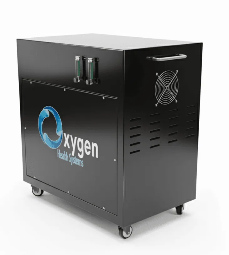Second 20 LPM oxygen generator — matte black portable cabinet on casters branded Oxygen Health Systems, with dual flow meters on top and a circular fan grille