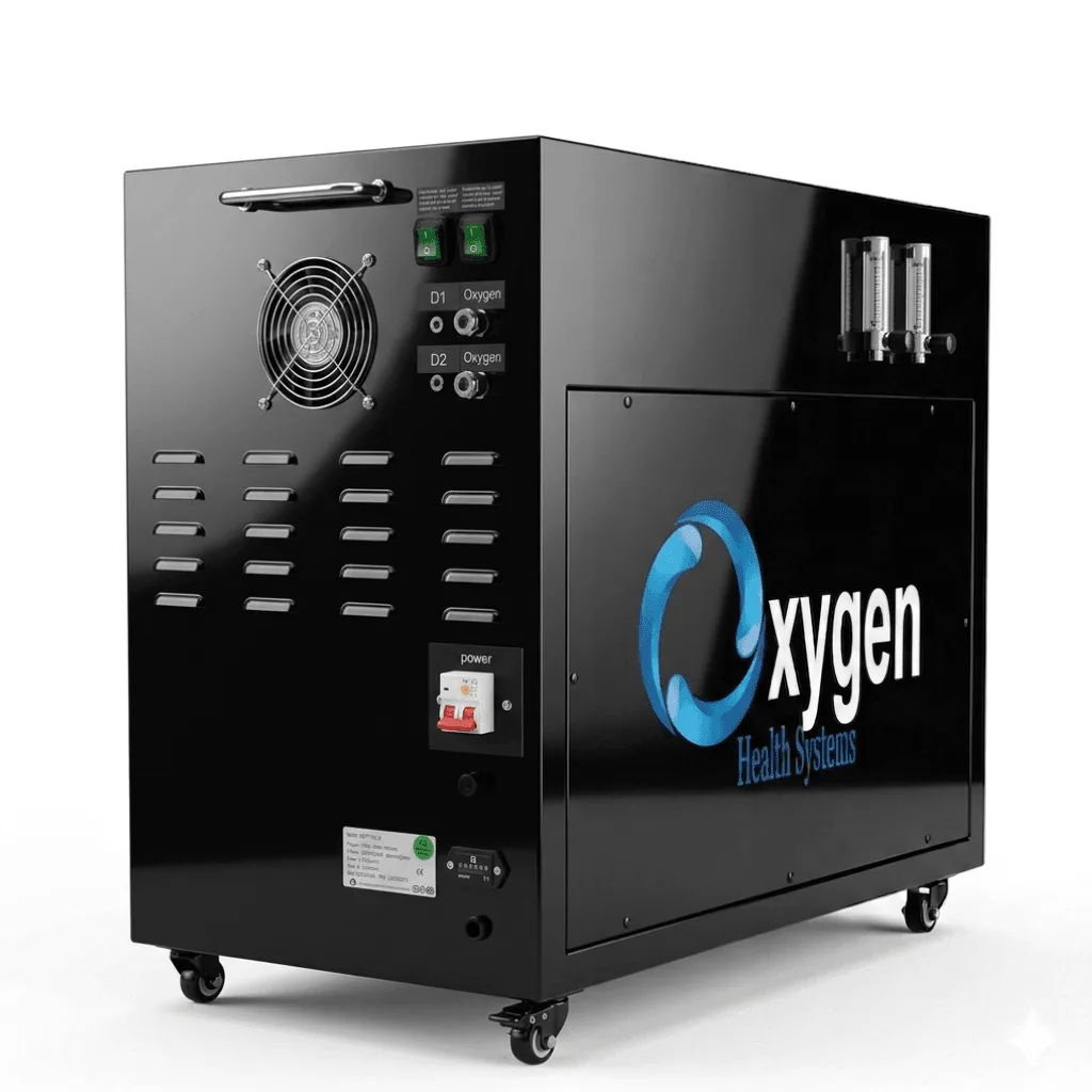 Second 20 LPM oxygen generator — control side view showing dual power switches, D1/D2 oxygen outlets, power breaker, and Oxygen Health Systems branding