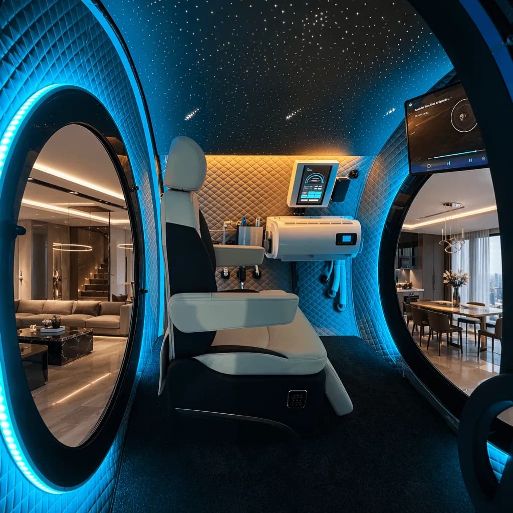 Starlight simulated ceiling inside the hyperbaric chamber — a fiber-optic night sky glowing above the reclining seat, blue LED accents, touchscreen controls, and mirrored oval doors reflecting a luxury home