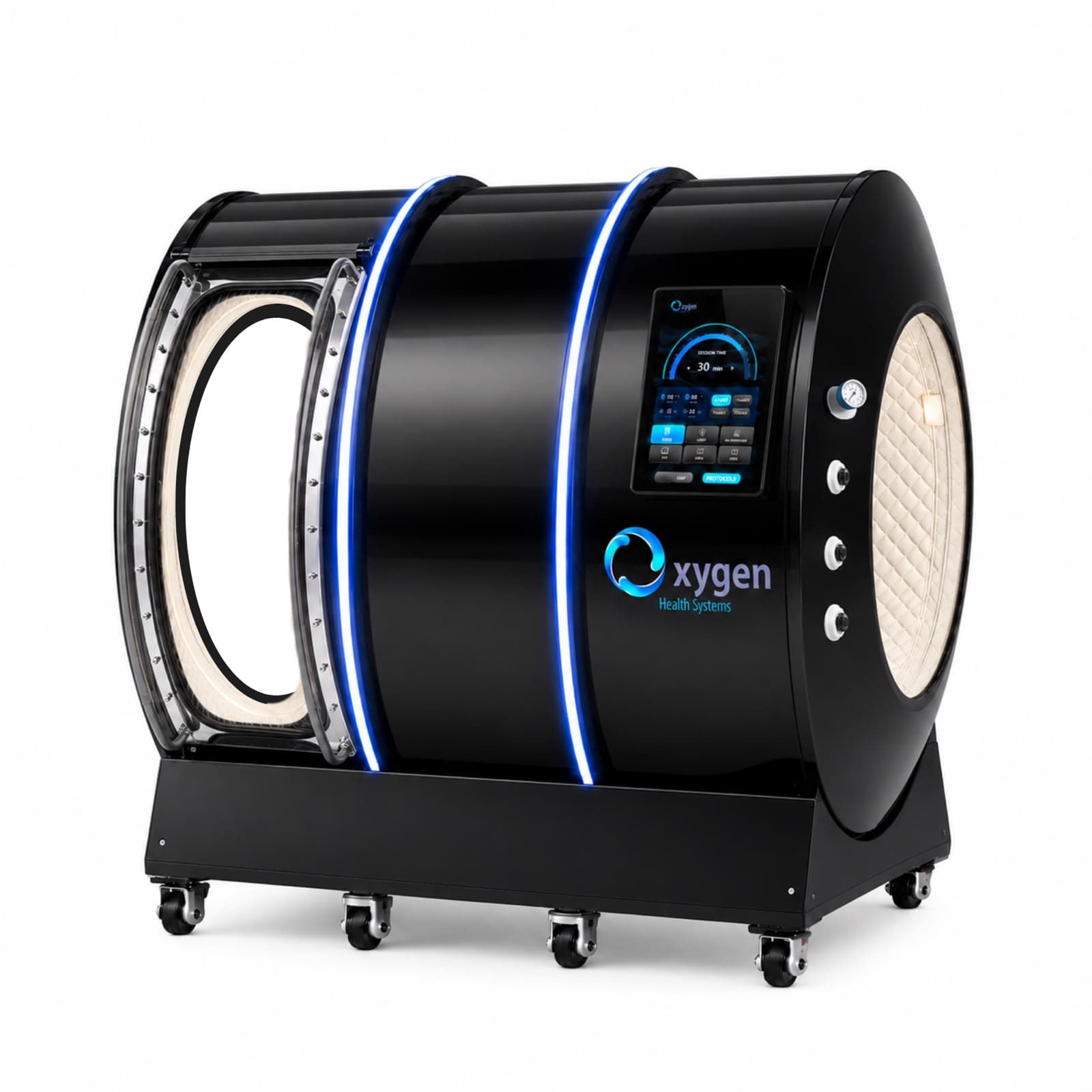 Vital Sphere 360 glossy black hard-shell hyperbaric oxygen chamber shown at an angle with the door open, revealing the cream quilted interior and circular pressure-sealed hatch, with dual blue LED accent rings, a touchscreen control panel, pressure gauge, and caster wheels