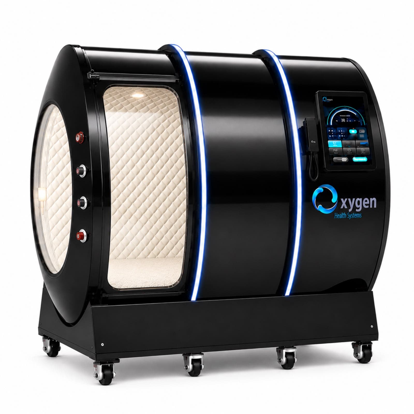 Vital Sphere 360 glossy black hard-shell hyperbaric oxygen chamber with blue LED accent rings, a large oval viewing window, cream quilted interior seating, external touchscreen control panel, and caster wheels