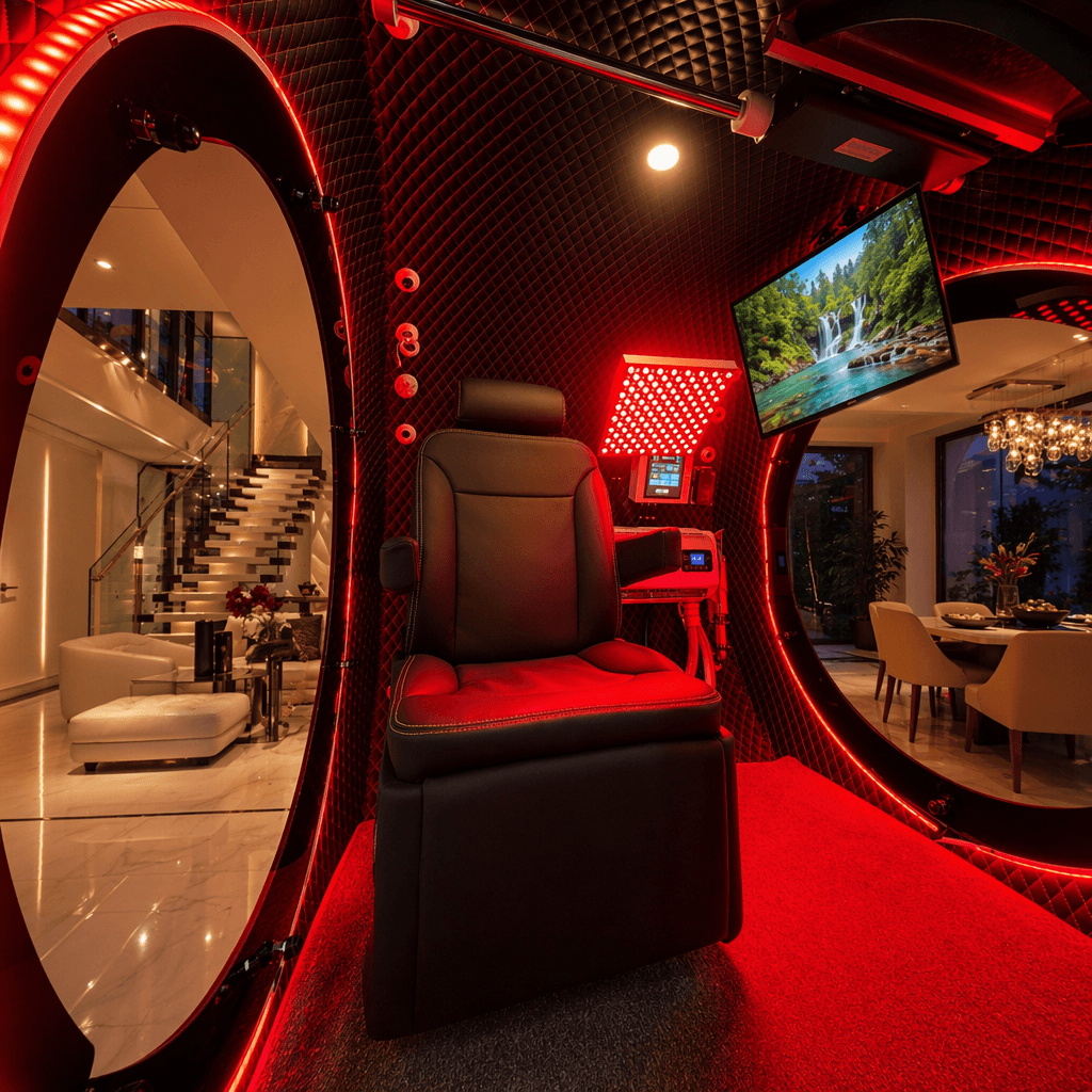 Red light therapy panel mounted inside the Vital Sphere 360 chamber beside a reclining seat, glowing with red and near-infrared LEDs